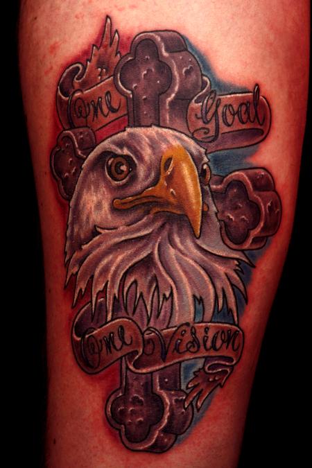Travis Litke - Eagle with Stone Cross and Banner Tattoo